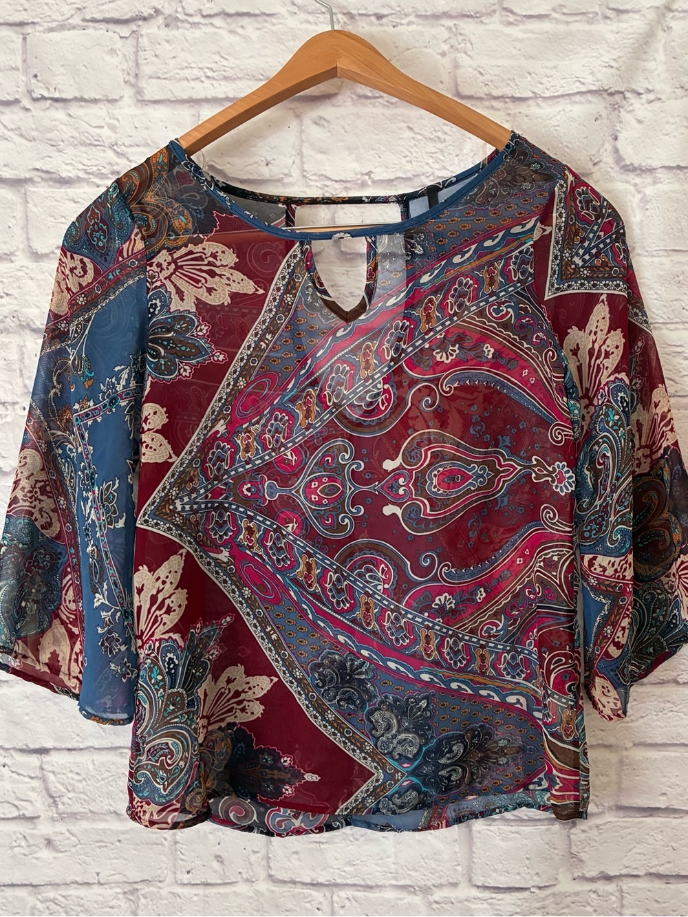 Yetts Women's Paisley Boho Keyhole Blouse - Blue & Burgundy - Large